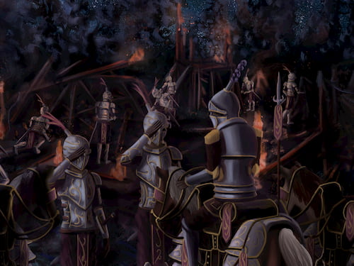 the royal guard search through the scorched rubble of a ruined bandit camp