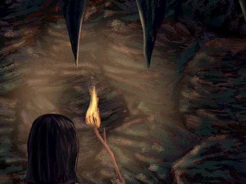 faraine shines her torch at a cave in