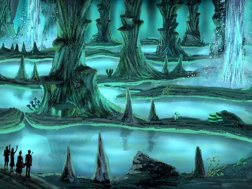 a vast underground cavern filled with glowing water