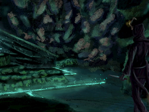 a purple clad figure walks over to a cave wall