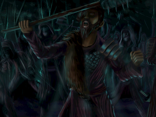 Lonz screams with his mace held high flanked by his gang of masked bandits