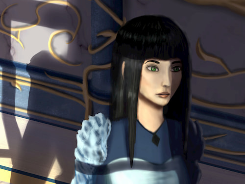 a close up of a young girl with black hair and a blank expression