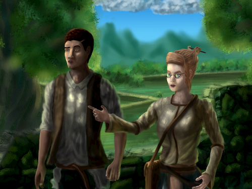 tyto and kyaren walk along side each other on a sunny day in the country side