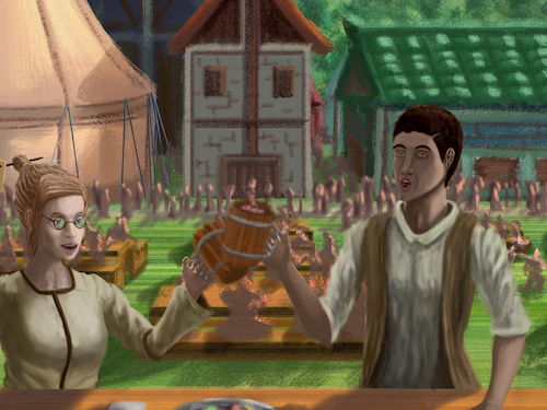 tyto and kyaren walk enjoy their food and drinks at the faire