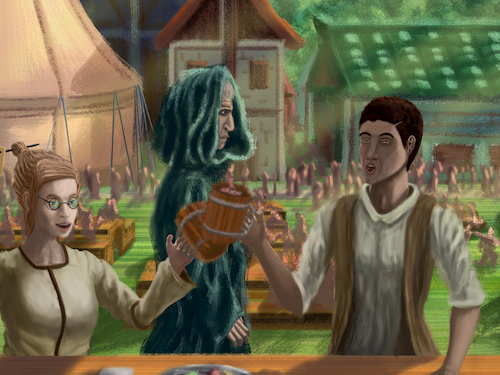 tyto and kyaren walk enjoy their food and drinks at the faire while a lone man walks past him