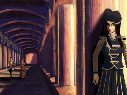 tyto and kyaren walk down along the academy hallway at sunset faraine stares at them from behind a pillar