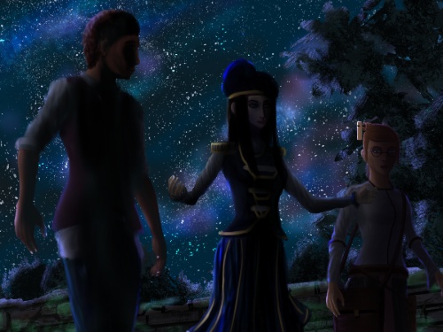 tyto,faraine and kyaren walking outside during a starlit sky