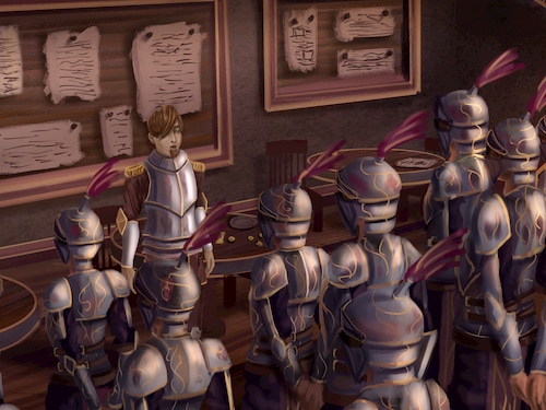 the royal guard stands to attention in their mess hall