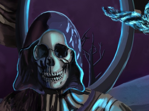 a close view of a skeleton standing wearing prurple tattered robes with blue glowing flames burnign from his staff