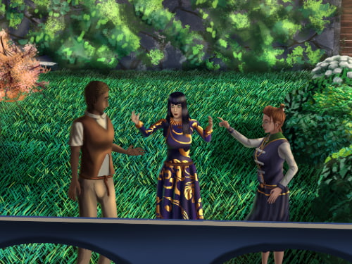 faraine, tyto and kyaren walk outside in the tea gardens