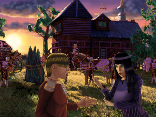 Sir Quillan attempts to persuade Faraine in coversation as the group stops to rest at a way house at sunset