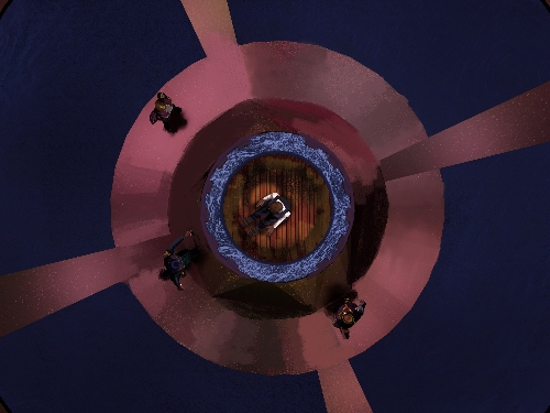 A top down view of the center of the assembly floor with three engineers lords around tyto