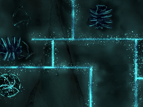 A top down view of the cave floor with glowing teal lines carved into the ground