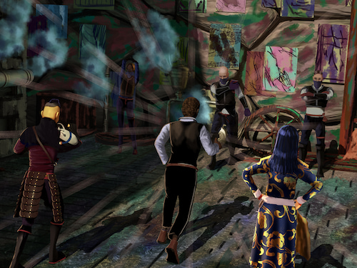 tyto, faraine and greyside confront three hired muscle in an alleyway