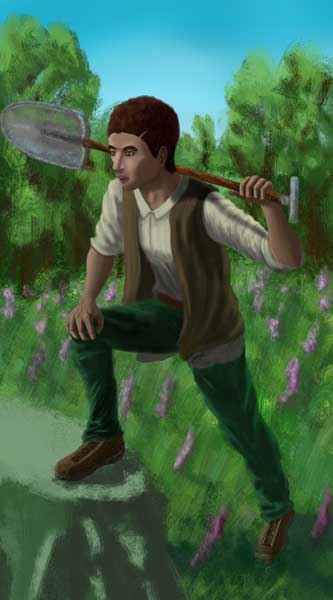 A boy with a shovel over his shoulder